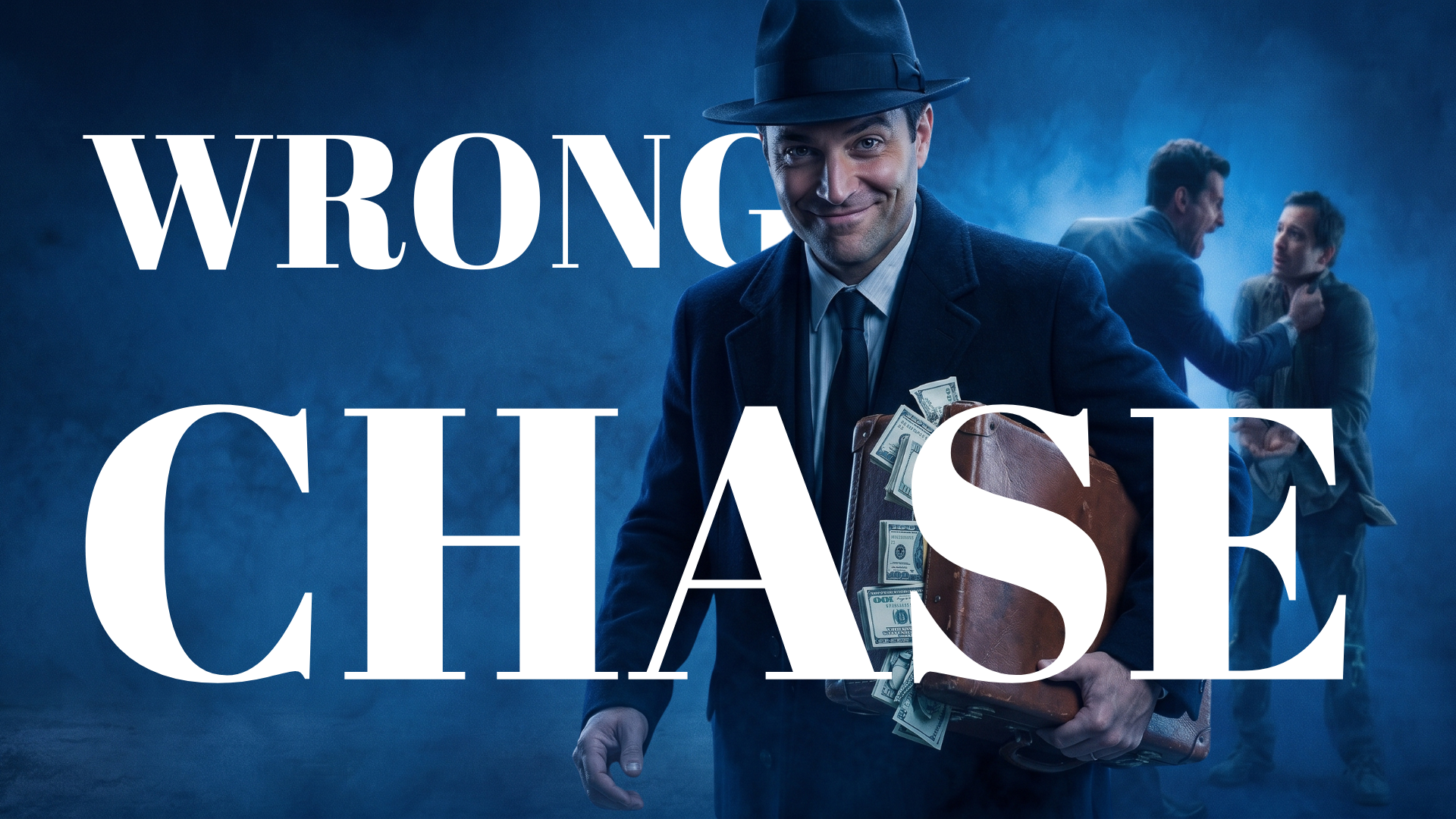 Dark blue cinematic scene: a smiling man in a fedora and overcoat walks forward holding a brown briefcase overflowing with cash, while two men scuffle in the smoky background. Bold white serif text reads WRONG CHASE.