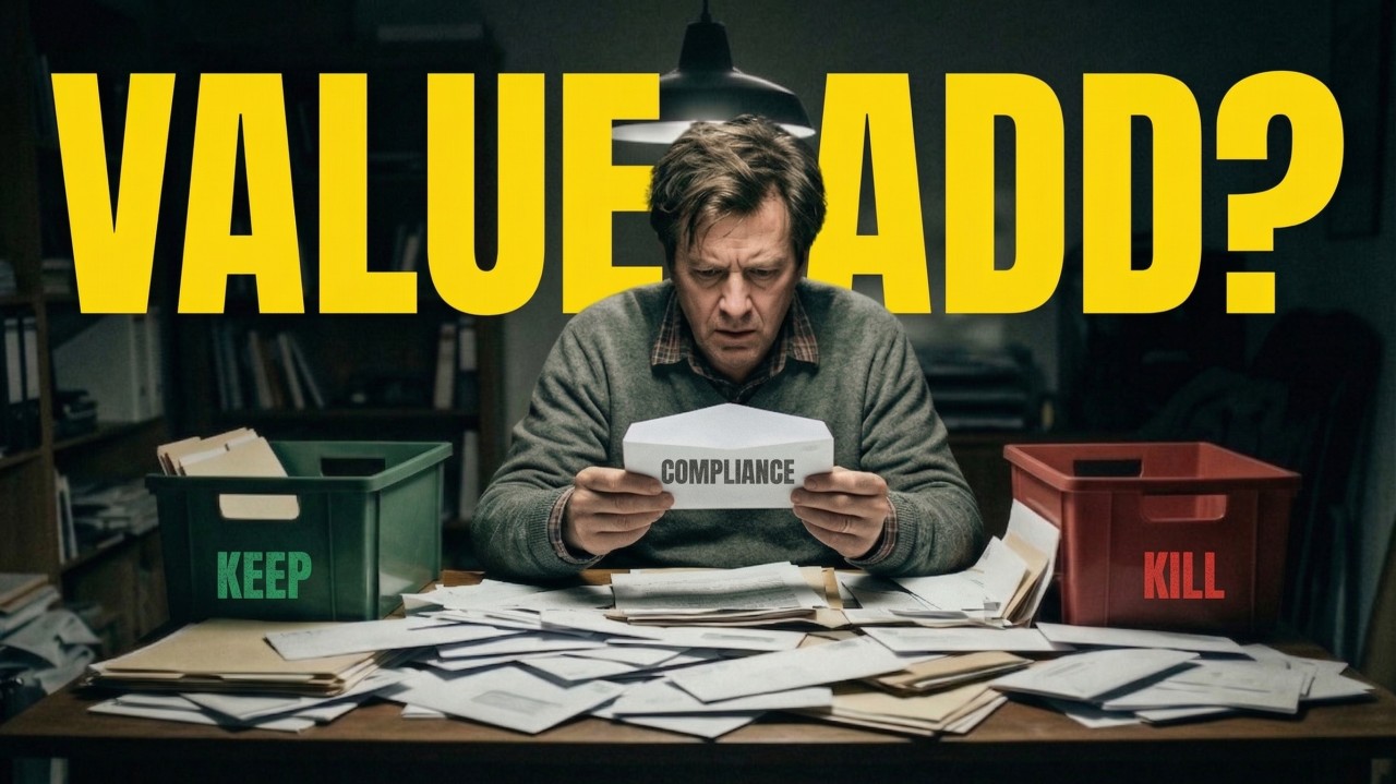 Office worker holding a compliance document over a desk of papers, stuck between a green Keep bin and a red Kill bin, with Value Add? in large yellow text