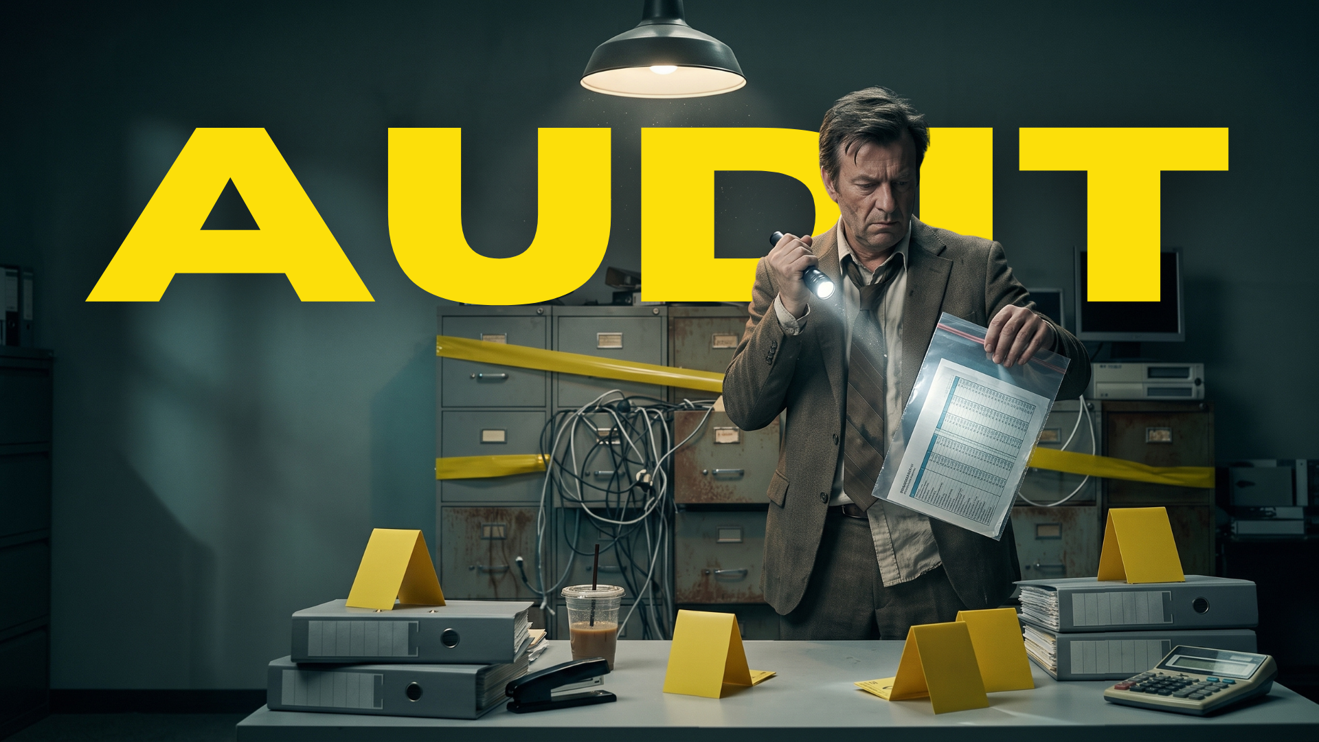 A tired detective in a rumpled suit stands at a desk in a dim, run-down office, holding a flashlight and a plastic evidence bag with a printed spreadsheet sealed inside. Numbered evidence tents sit on the desk and on stacks of binders, and investigation tape crosses the filing cabinets behind him. The word AUDIT runs across the top in large capital letters.