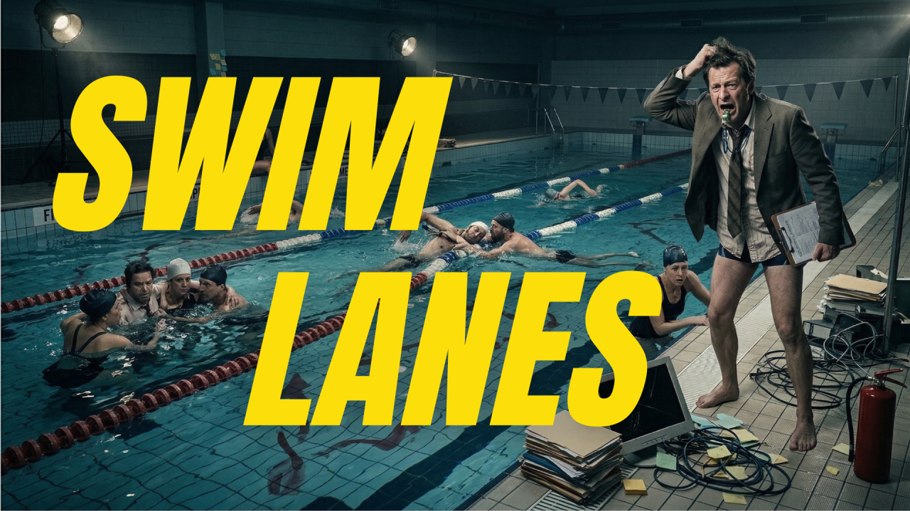 A man in a suit standing barefoot at poolside holding a folder, looking stressed, while swimmers crowd the lanes behind him. Bold yellow text reads SWIM LANES.