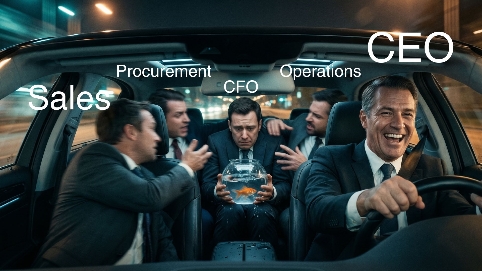 A CEO drives a car at night while the CFO in the back seat clutches a goldfish bowl that is sloshing over, and the heads of Sales, Procurement, and Operations argue around them. Finance holds the cash but not the wheel.