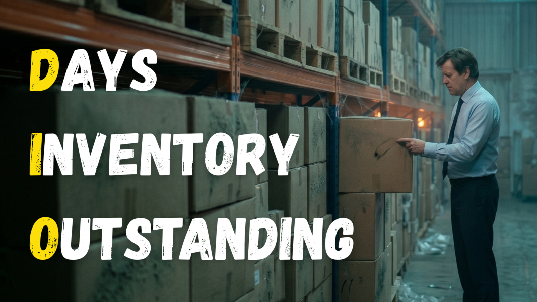 A finance professional in shirt and tie inspecting cardboard boxes on warehouse pallet racking, with bold text reading "Days Inventory Outstanding" and the letters D, I, O highlighted in yellow to spell DIO.
