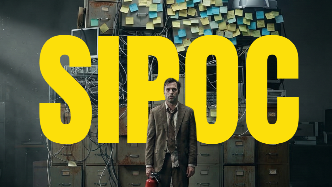 Exhausted office worker holding a fire extinguisher in front of chaotic filing cabinets covered in sticky notes and tangled cables, with SIPOC in large yellow text