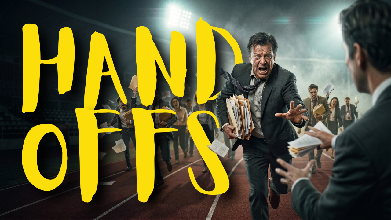 AI-generated image of businessmen in suits running on an athletics track, passing stacks of paper documents to each other like relay batons. The lead runner looks stressed and is reaching forward to hand off a pile of folders. Bold yellow hand-painted text reads "HAND OFFS" across the left side of the image. Stadium lighting and haze in the background.