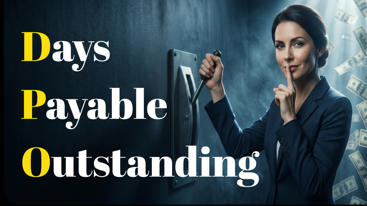 A businesswoman in a dark suit pulls a large lever set into a wall while holding one finger to her lips, banknotes drifting in a shaft of light beside her. Bold text reads "Days Payable Outstanding," with the D, P and O highlighted in yellow.