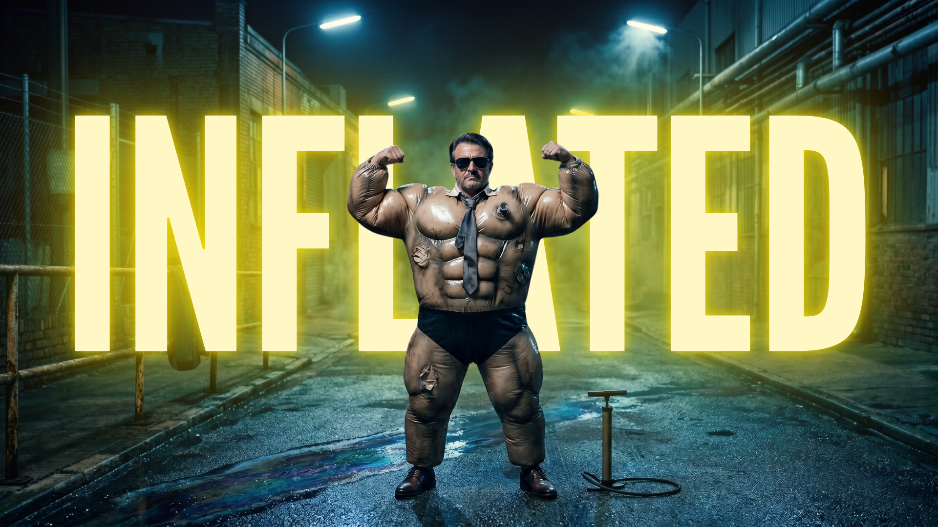 A middle-aged businessman in a shirt and tie wearing an oversized inflatable muscle suit strikes a double-biceps bodybuilder pose in a dark industrial alley at night, a hand air pump on the ground beside him, with the word INFLATED in large yellow letters across the image.