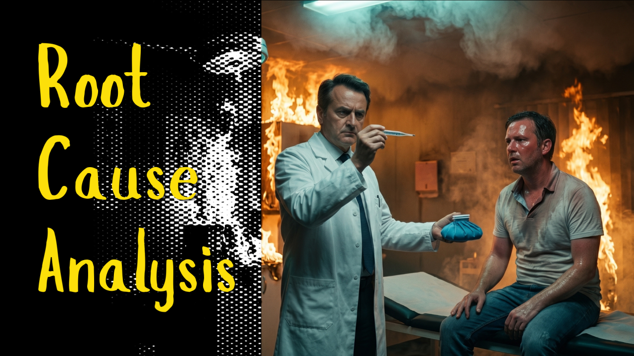 A doctor calmly examines a thermometer while the room burns behind his patient. Root Cause Analysis in large yellow text on left side with halftone overlay.