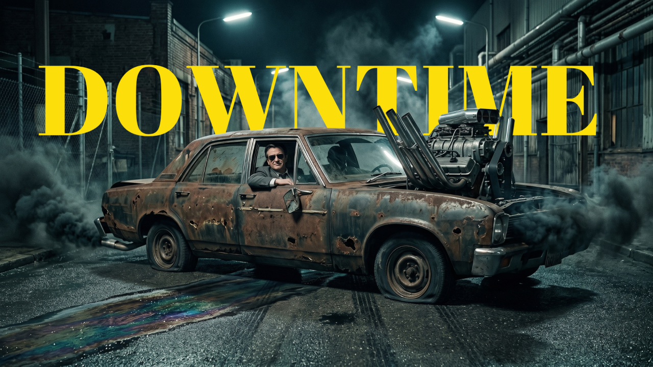 Cinematic image of a man in a suit driving a rusted-out car with an oversized exposed engine in a dark industrial setting. Bold yellow text reads DOWNTIME. Visual metaphor: the process looks like it runs, but most of the energy is going to waste.
