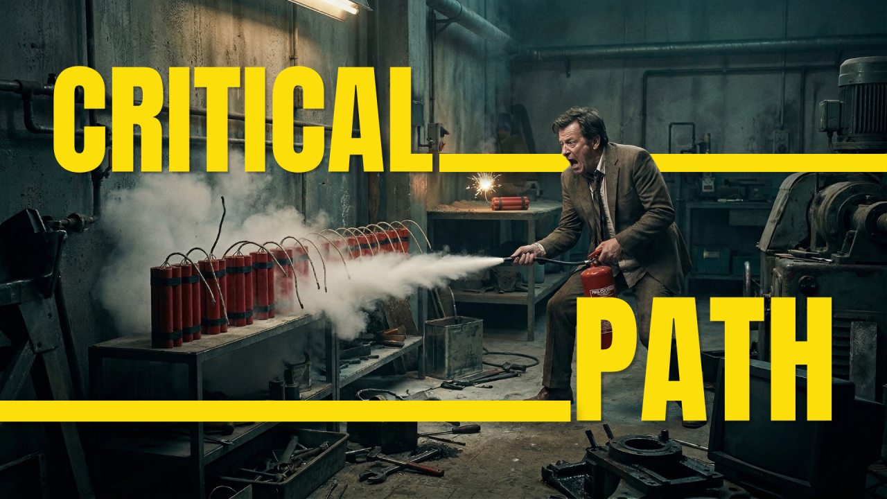 A man in a suit using a fire extinguisher on a row of lit dynamite sticks in an industrial workshop. Bold yellow text reads CRITICAL PATH.