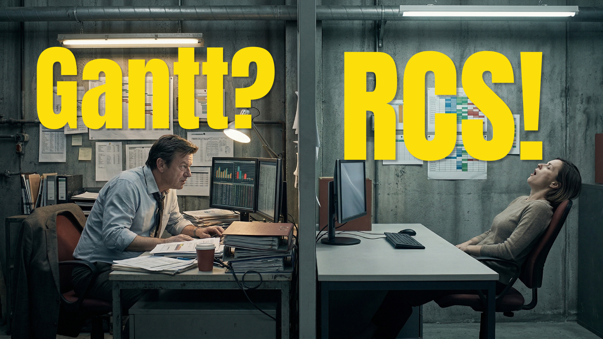 Split-screen office scene. Left: accountant overwhelmed at a cluttered desk with Gantt charts on the wall. Right: colleague leaning back at an empty desk. Text reads Gantt? RCS!
