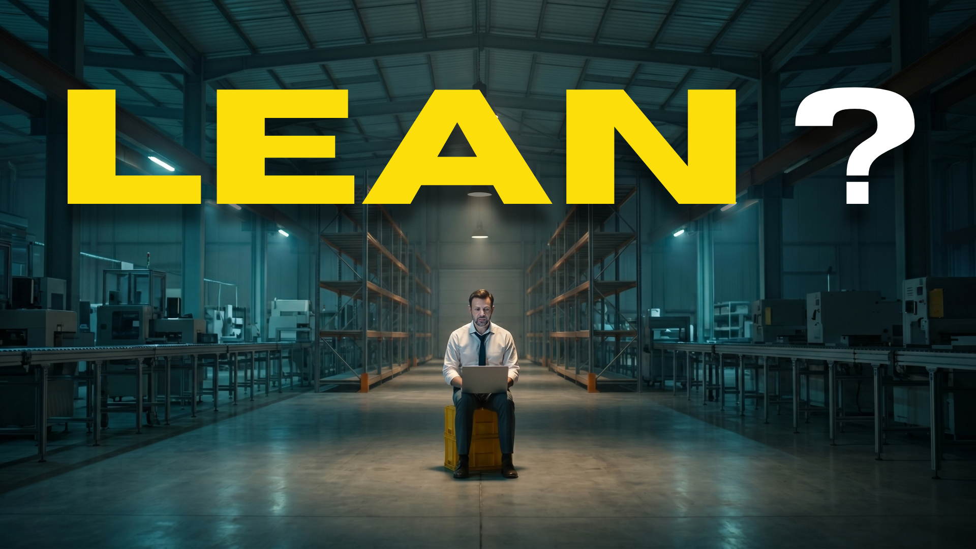 A man in a white shirt and tie sits alone on a small yellow crate in the center aisle of a dim, near-empty industrial warehouse, working on a laptop, with empty steel storage racks down both sides and the word LEAN in large yellow letters followed by a white question mark across the top.